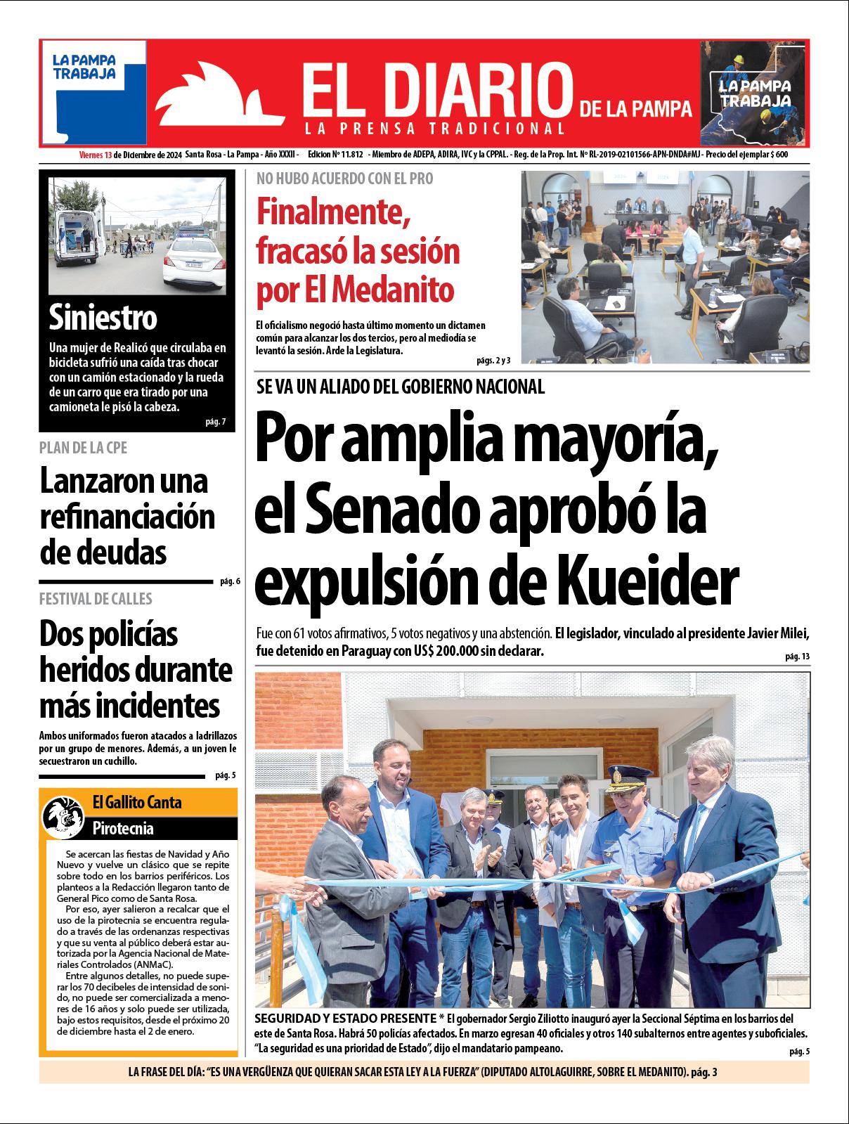 Tapa de El Diario en papel  viernes 13 de diciembre de 2024